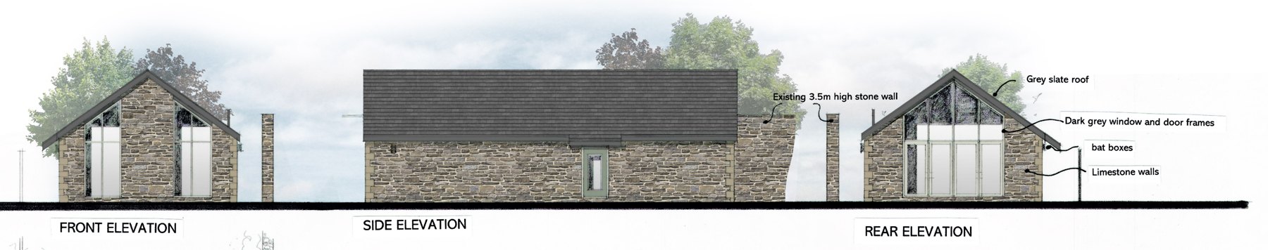 Front, side and rear elevations of the proposed stone bungalow in Kirkby Lonsdale